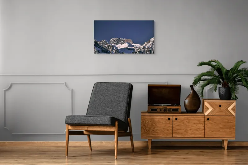 Tablou Canvas, "Vârfuri alpine sub cerul albastru", Albastru, Vârf, Zăpadă, Stânci, Grandios, Rece, Clar, Munți, Cer, Impresionant, 90 x 50 cm – poza 6
