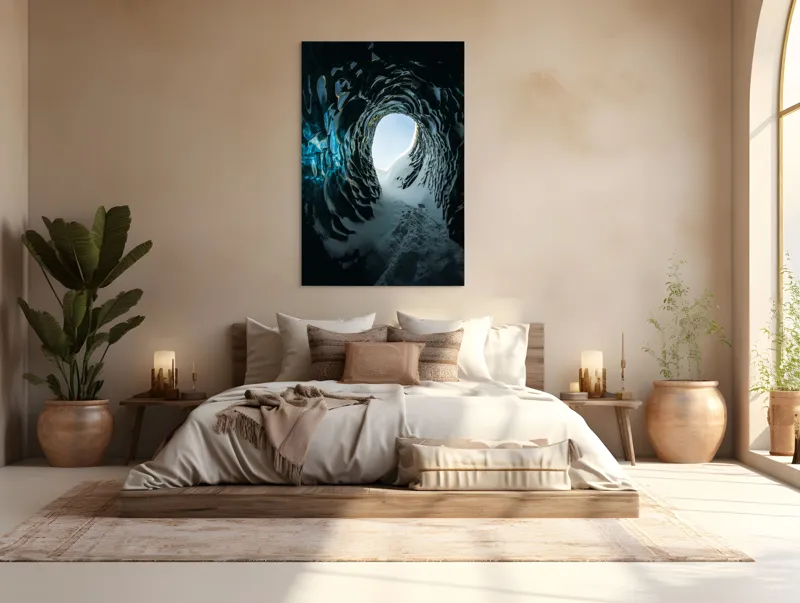 Tablou Canvas, "Tunelul înghețat spre lumină", Cristale, Albastru, Gheață, Tunel, Lumină, Textură, Nezăbovit, Spectacol, Frumusețe, Inefabil., 100 x 150 cm – poza 3