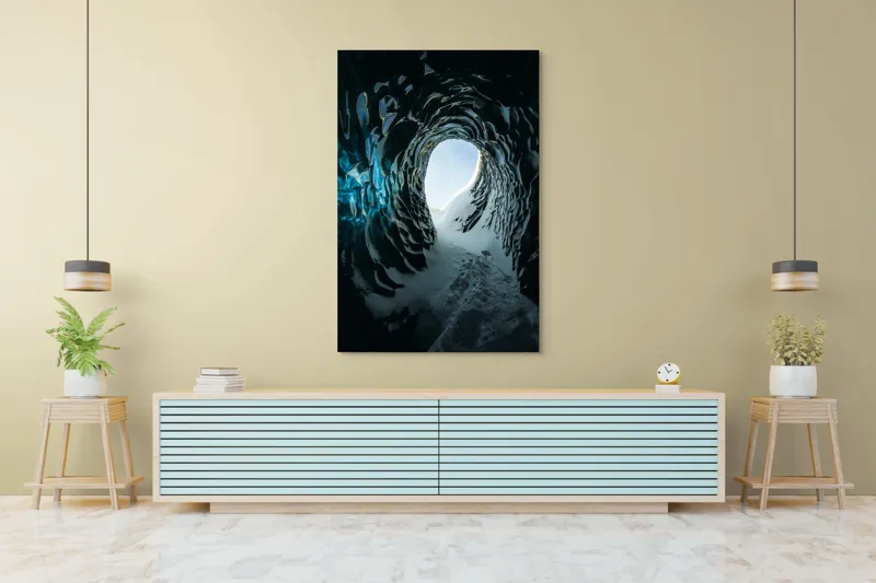 Tablou Canvas, "Tunelul înghețat spre lumină", Cristale, Albastru, Gheață, Tunel, Lumină, Textură, Nezăbovit, Spectacol, Frumusețe, Inefabil., 100 x 150 cm – poza 4