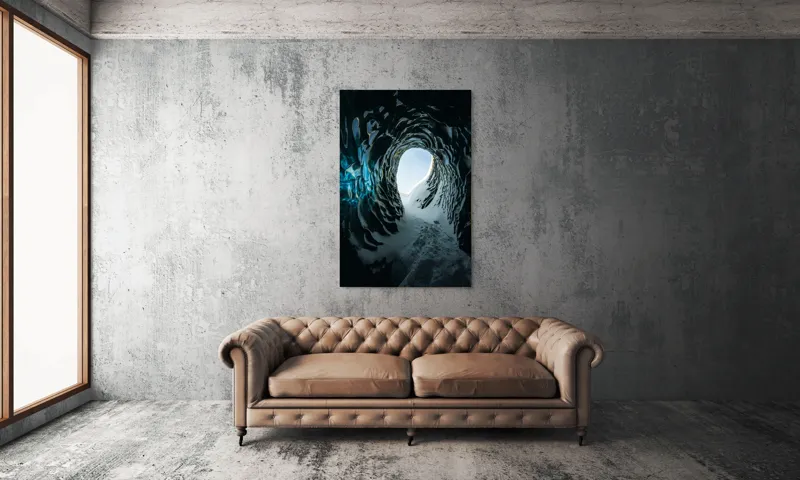 Tablou Canvas, "Tunelul înghețat spre lumină", Cristale, Albastru, Gheață, Tunel, Lumină, Textură, Nezăbovit, Spectacol, Frumusețe, Inefabil., 100 x 150 cm – poza 6