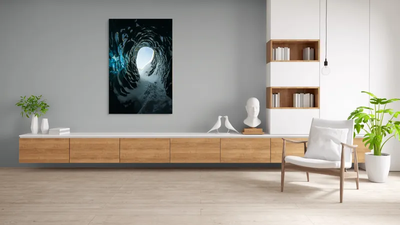Tablou Canvas, "Tunelul înghețat spre lumină", Cristale, Albastru, Gheață, Tunel, Lumină, Textură, Nezăbovit, Spectacol, Frumusețe, Inefabil., 100 x 150 cm – poza 8
