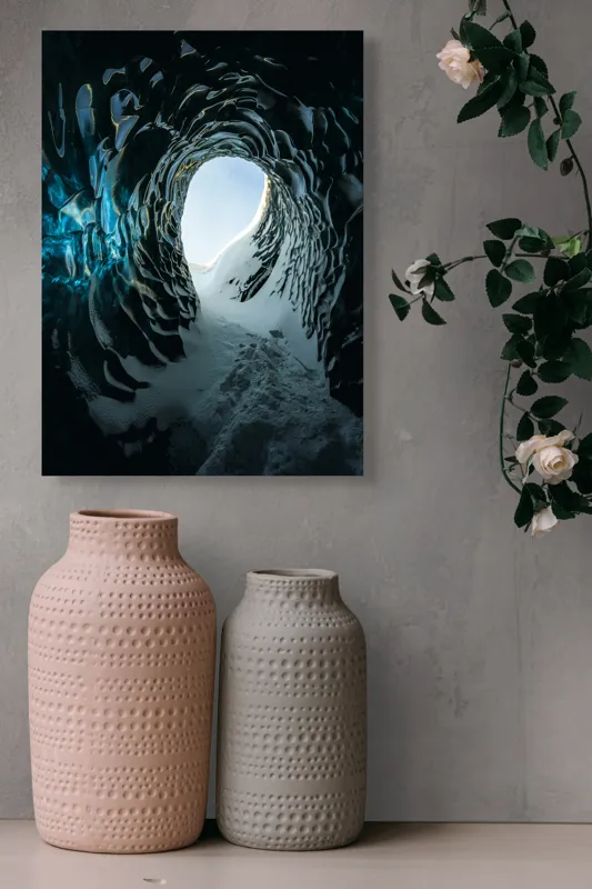 Tablou Canvas, "Tunelul înghețat spre lumină", Cristale, Albastru, Gheață, Tunel, Lumină, Textură, Nezăbovit, Spectacol, Frumusețe, Inefabil., 39 x 54 cm – poza 6
