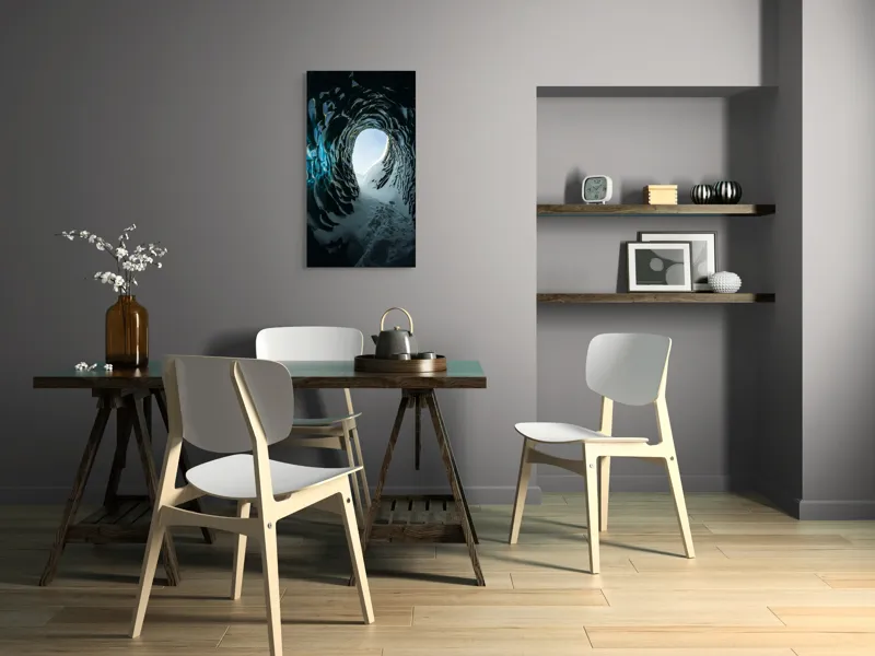Tablou Canvas, "Tunelul înghețat spre lumină", Cristale, Albastru, Gheață, Tunel, Lumină, Textură, Nezăbovit, Spectacol, Frumusețe, Inefabil., 50 x 90 cm – poza 4