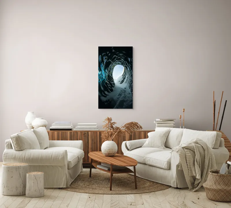 Tablou Canvas, "Tunelul înghețat spre lumină", Cristale, Albastru, Gheață, Tunel, Lumină, Textură, Nezăbovit, Spectacol, Frumusețe, Inefabil., 50 x 90 cm – poza 7
