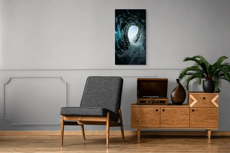 Tablou Canvas, "Tunelul înghețat spre lumină", Cristale, Albastru, Gheață, Tunel, Lumină, Textură, Nezăbovit, Spectacol, Frumusețe, Inefabil., 50 x 90 cm – poza 8