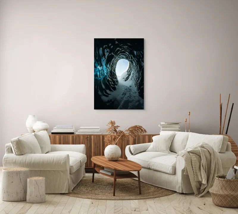 Tablou Canvas, "Tunelul înghețat spre lumină", Cristale, Albastru, Gheață, Tunel, Lumină, Textură, Nezăbovit, Spectacol, Frumusețe, Inefabil., 70 x 100 cm – poza 4