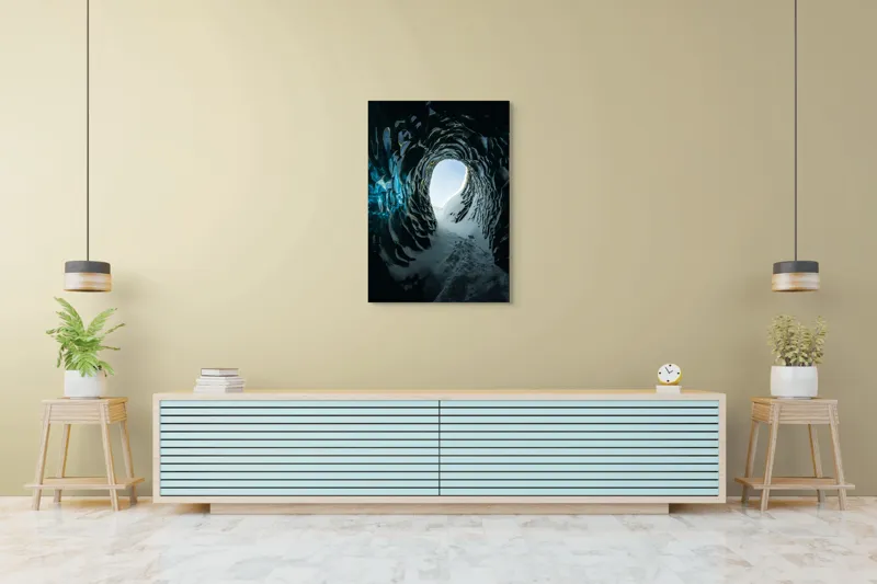 Tablou Canvas, "Tunelul înghețat spre lumină", Cristale, Albastru, Gheață, Tunel, Lumină, Textură, Nezăbovit, Spectacol, Frumusețe, Inefabil., 70 x 100 cm – poza 5