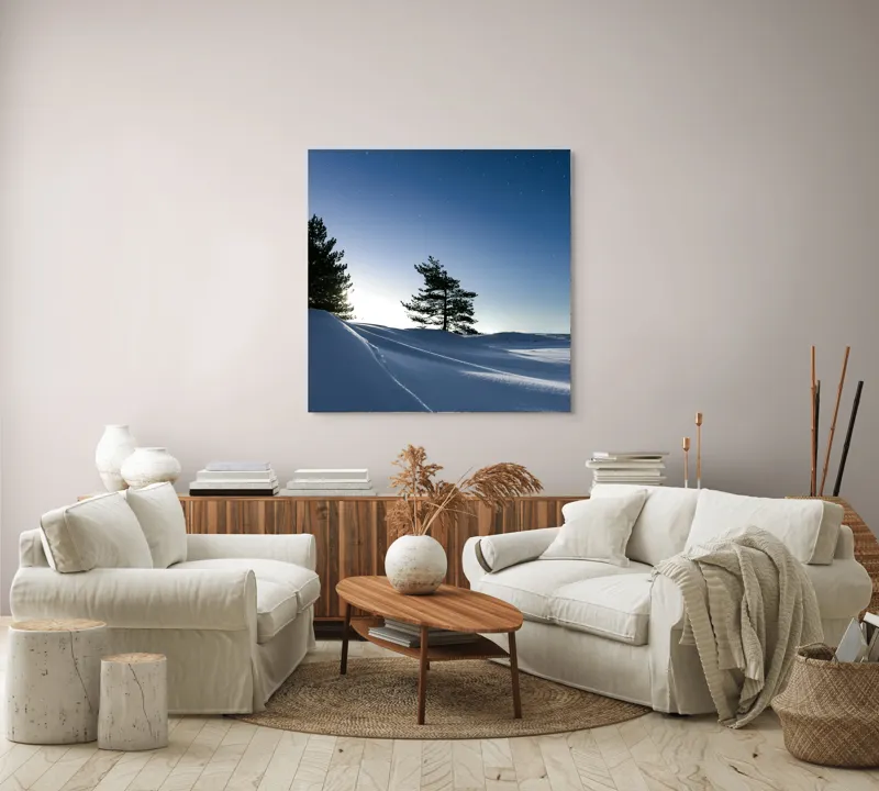 Tablou Canvas, "Tăcerea nopții sub cerul înstelat", Stele, Zăpadă, Cer, Pini, Umbre, Lumină, Noapte, Tranquilitate, Răceală, Natură, 100 x 100 cm – poza 3