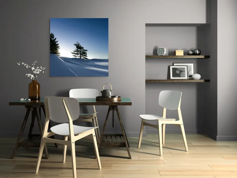 Tablou Canvas, "Tăcerea nopții sub cerul înstelat", Stele, Zăpadă, Cer, Pini, Umbre, Lumină, Noapte, Tranquilitate, Răceală, Natură, 100 x 100 cm – poza 6