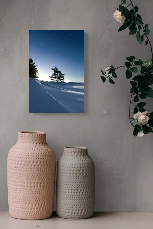 Tablou Canvas, "Tăcerea nopții sub cerul înstelat", Stele, Zăpadă, Cer, Pini, Umbre, Lumină, Noapte, Tranquilitate, Răceală, Natură, 26 x 39 cm – poza 6