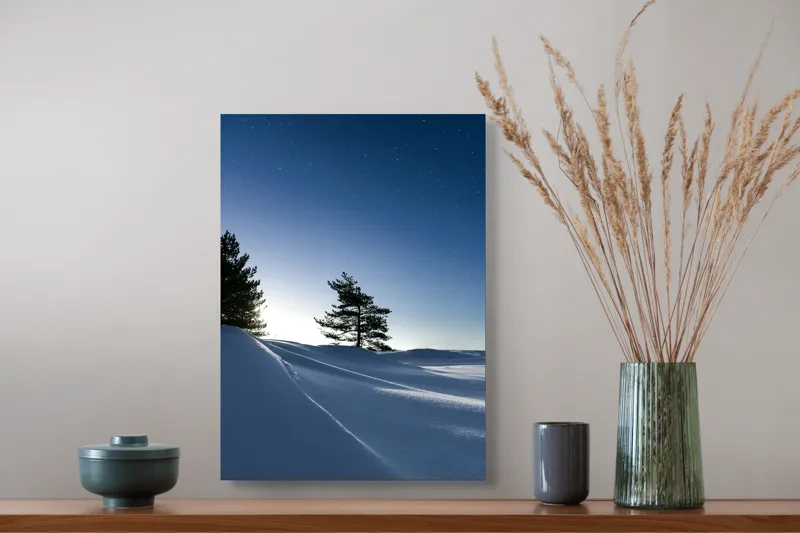 Tablou Canvas, "Tăcerea nopții sub cerul înstelat", Stele, Zăpadă, Cer, Pini, Umbre, Lumină, Noapte, Tranquilitate, Răceală, Natură, 39 x 54 cm – poza 3