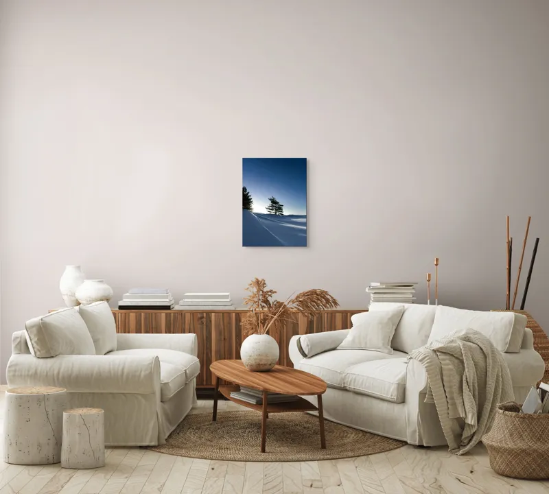 Tablou Canvas, "Tăcerea nopții sub cerul înstelat", Stele, Zăpadă, Cer, Pini, Umbre, Lumină, Noapte, Tranquilitate, Răceală, Natură, 39 x 54 cm – poza 5
