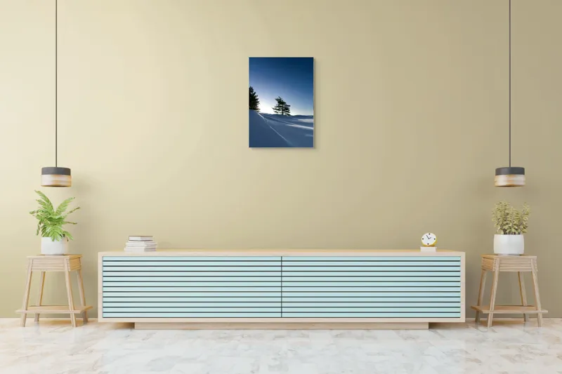 Tablou Canvas, "Tăcerea nopții sub cerul înstelat", Stele, Zăpadă, Cer, Pini, Umbre, Lumină, Noapte, Tranquilitate, Răceală, Natură, 50 x 70 cm – poza 6