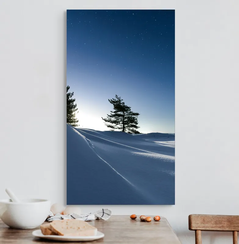 Tablou Canvas, "Tăcerea nopții sub cerul înstelat", Stele, Zăpadă, Cer, Pini, Umbre, Lumină, Noapte, Tranquilitate, Răceală, Natură, 50 x 90 cm – poza 3