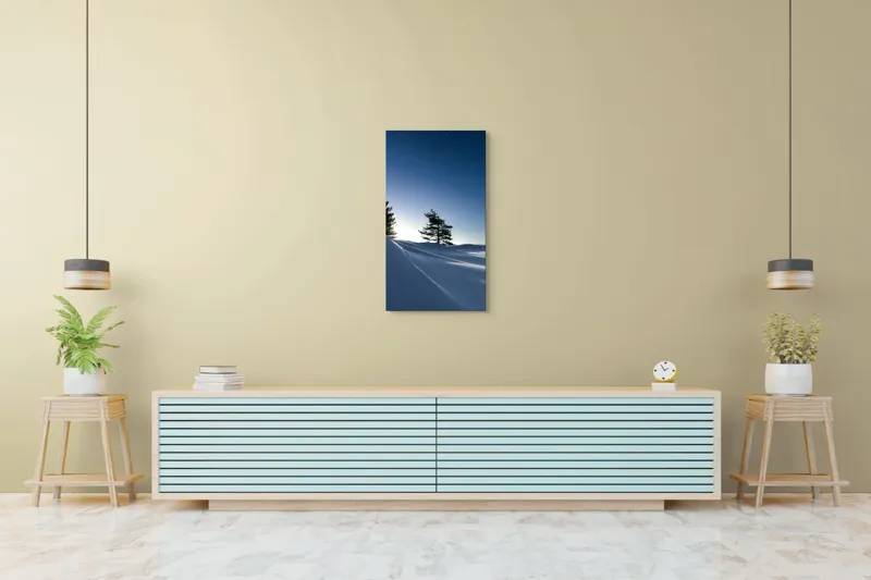 Tablou Canvas, "Tăcerea nopții sub cerul înstelat", Stele, Zăpadă, Cer, Pini, Umbre, Lumină, Noapte, Tranquilitate, Răceală, Natură, 50 x 90 cm – poza 6