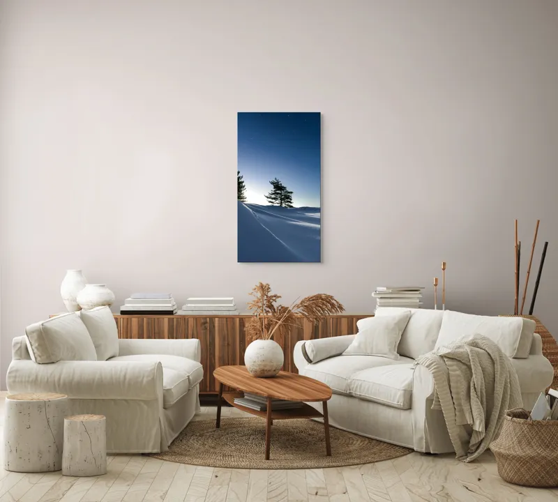 Tablou Canvas, "Tăcerea nopții sub cerul înstelat", Stele, Zăpadă, Cer, Pini, Umbre, Lumină, Noapte, Tranquilitate, Răceală, Natură, 50 x 90 cm – poza 7
