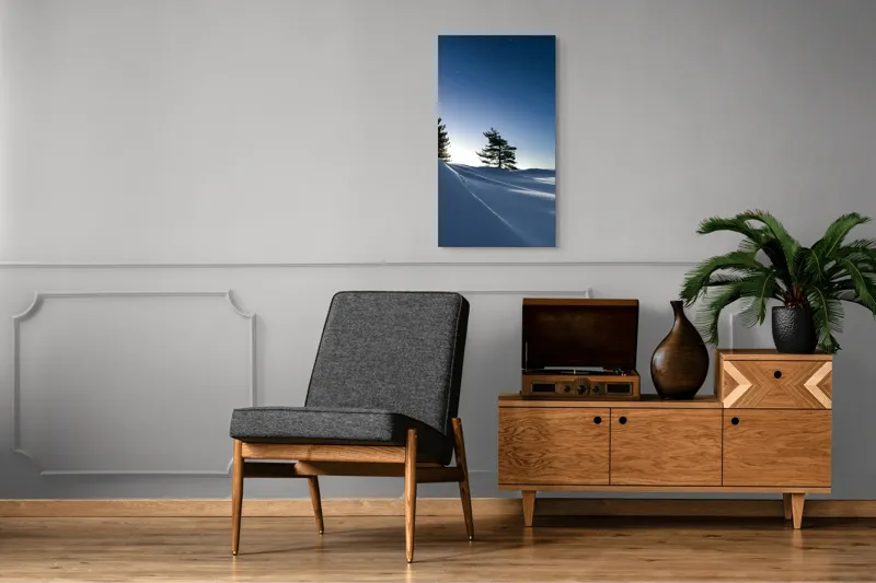 Tablou Canvas, "Tăcerea nopții sub cerul înstelat", Stele, Zăpadă, Cer, Pini, Umbre, Lumină, Noapte, Tranquilitate, Răceală, Natură, 50 x 90 cm – poza 8