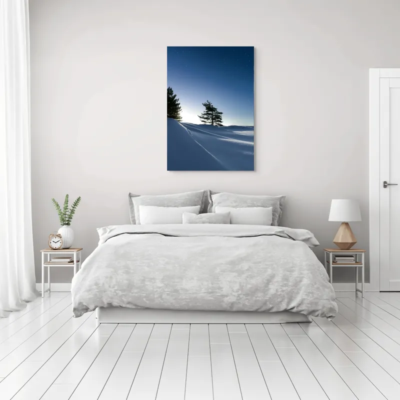 Tablou Canvas, "Tăcerea nopții sub cerul înstelat", Stele, Zăpadă, Cer, Pini, Umbre, Lumină, Noapte, Tranquilitate, Răceală, Natură, 70 x 100 cm – poza 3