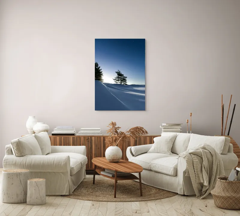 Tablou Canvas, "Tăcerea nopții sub cerul înstelat", Stele, Zăpadă, Cer, Pini, Umbre, Lumină, Noapte, Tranquilitate, Răceală, Natură, 70 x 100 cm – poza 4