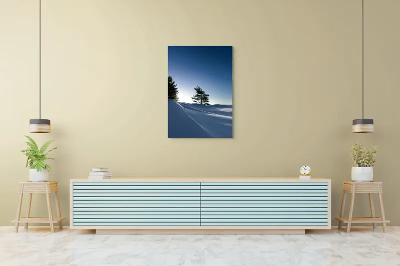 Tablou Canvas, "Tăcerea nopții sub cerul înstelat", Stele, Zăpadă, Cer, Pini, Umbre, Lumină, Noapte, Tranquilitate, Răceală, Natură, 70 x 100 cm – poza 5