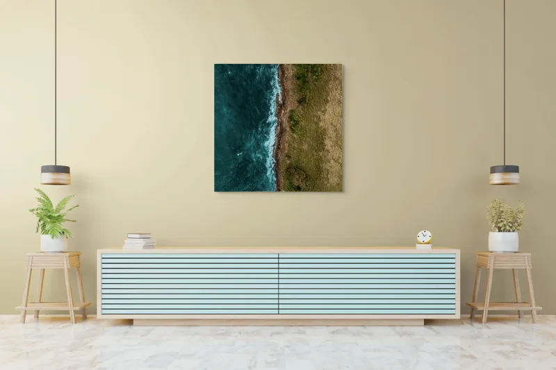 Tablou Canvas, "Întâlnirea naturii cu oceanul turcoaz", Ocean, Coastline, Waves, Greenery, Cliff, Nature, Aerial, Contrast, 100 x 100 cm – poza 5