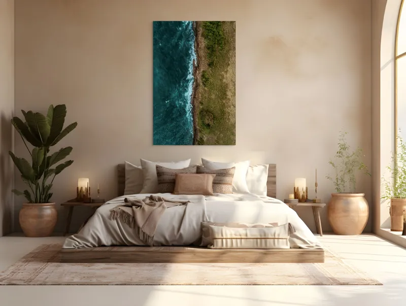 Tablou Canvas, "Întâlnirea naturii cu oceanul turcoaz", Ocean, Coastline, Waves, Greenery, Cliff, Nature, Aerial, Contrast, 100 x 150 cm – poza 3