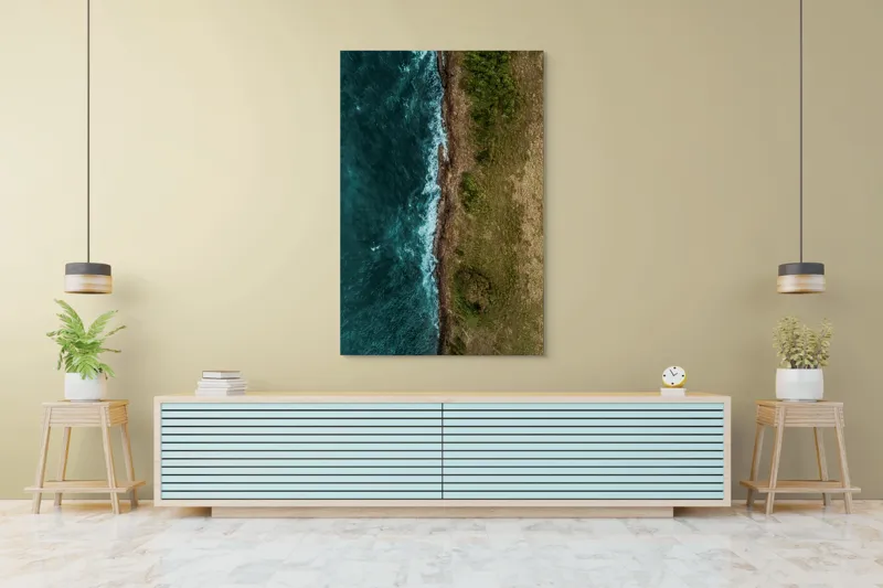 Tablou Canvas, "Întâlnirea naturii cu oceanul turcoaz", Ocean, Coastline, Waves, Greenery, Cliff, Nature, Aerial, Contrast, 100 x 150 cm – poza 4