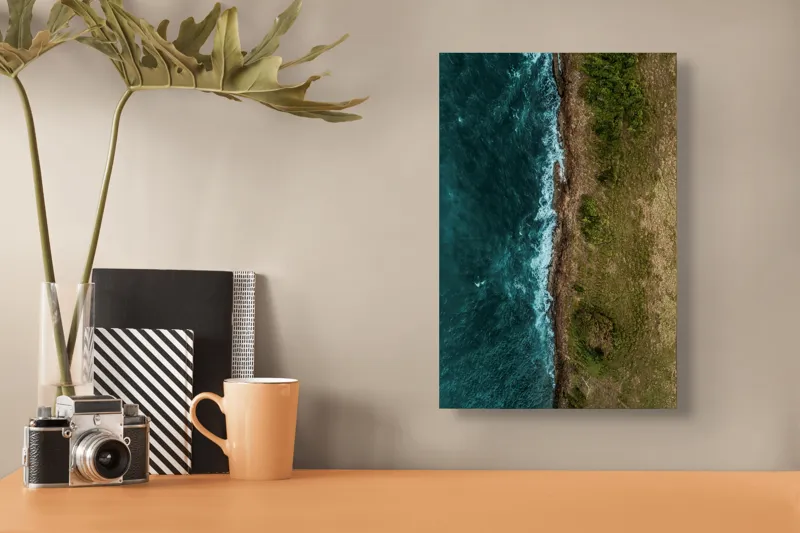 Tablou Canvas, "Întâlnirea naturii cu oceanul turcoaz", Ocean, Coastline, Waves, Greenery, Cliff, Nature, Aerial, Contrast, 26 x 39 cm – poza 3