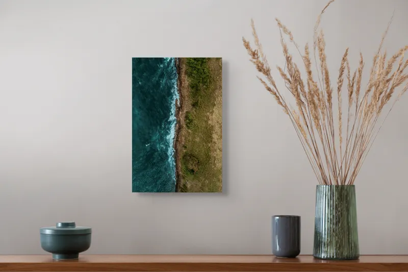 Tablou Canvas, "Întâlnirea naturii cu oceanul turcoaz", Ocean, Coastline, Waves, Greenery, Cliff, Nature, Aerial, Contrast, 26 x 39 cm – poza 5