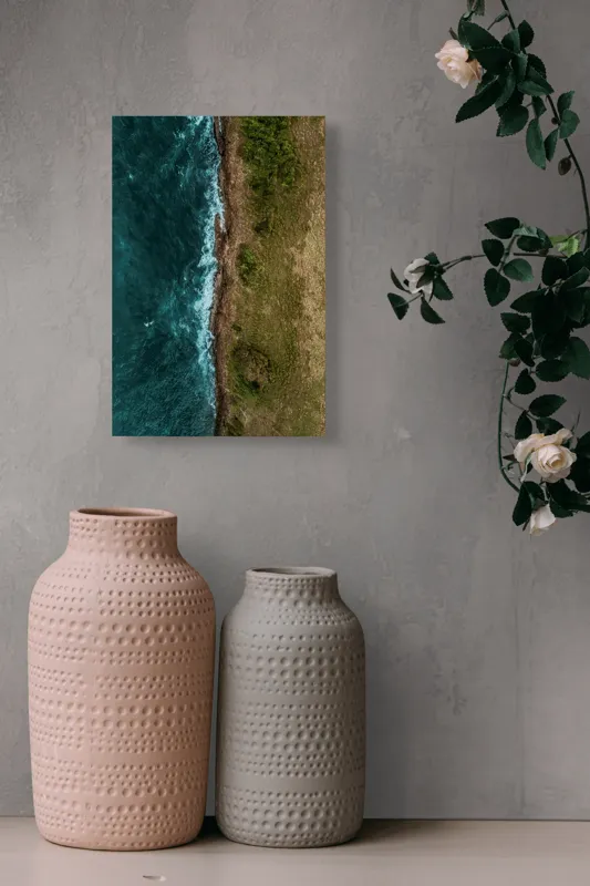Tablou Canvas, "Întâlnirea naturii cu oceanul turcoaz", Ocean, Coastline, Waves, Greenery, Cliff, Nature, Aerial, Contrast, 26 x 39 cm – poza 6