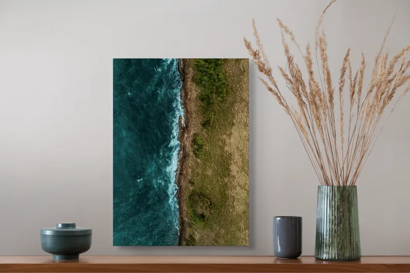Tablou Canvas, "Întâlnirea naturii cu oceanul turcoaz", Ocean, Coastline, Waves, Greenery, Cliff, Nature, Aerial, Contrast, 39 x 54 cm – poza 3