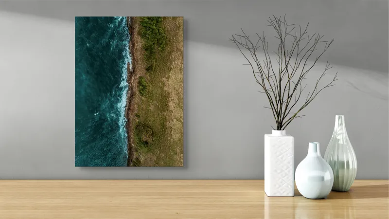 Tablou Canvas, "Întâlnirea naturii cu oceanul turcoaz", Ocean, Coastline, Waves, Greenery, Cliff, Nature, Aerial, Contrast, 39 x 54 cm – poza 4