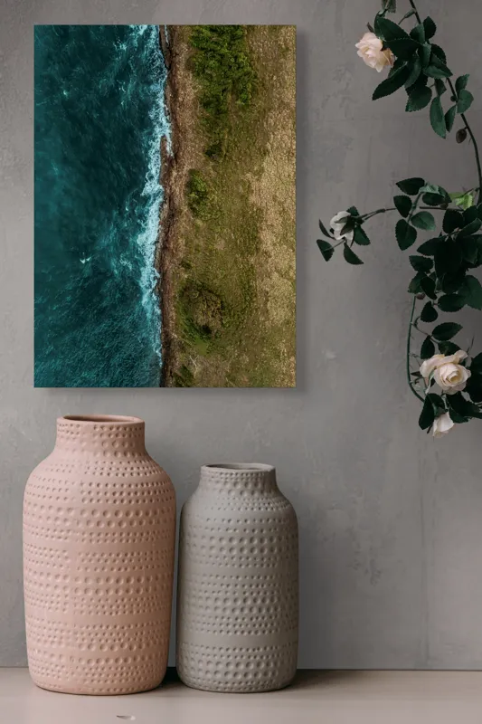 Tablou Canvas, "Întâlnirea naturii cu oceanul turcoaz", Ocean, Coastline, Waves, Greenery, Cliff, Nature, Aerial, Contrast, 39 x 54 cm – poza 6