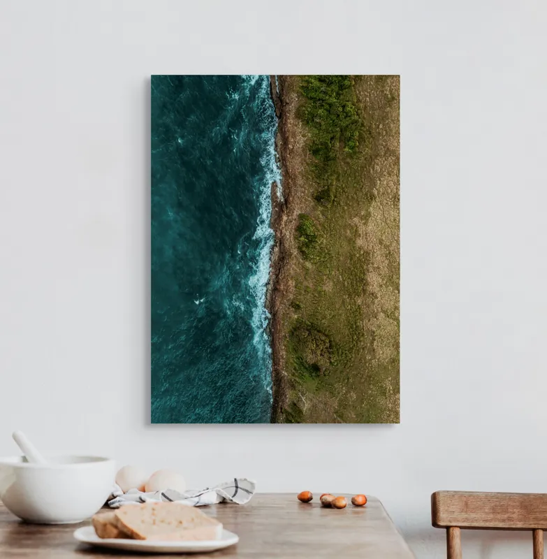 Tablou Canvas, "Întâlnirea naturii cu oceanul turcoaz", Ocean, Coastline, Waves, Greenery, Cliff, Nature, Aerial, Contrast, 50 x 70 cm – poza 3