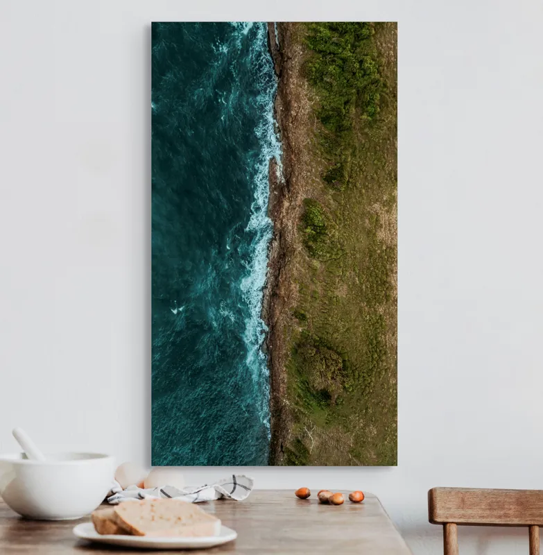 Tablou Canvas, "Întâlnirea naturii cu oceanul turcoaz", Ocean, Coastline, Waves, Greenery, Cliff, Nature, Aerial, Contrast, 50 x 90 cm – poza 3