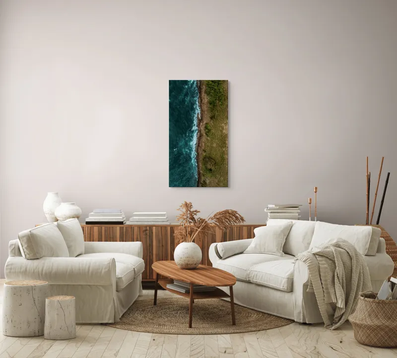 Tablou Canvas, "Întâlnirea naturii cu oceanul turcoaz", Ocean, Coastline, Waves, Greenery, Cliff, Nature, Aerial, Contrast, 50 x 90 cm – poza 7