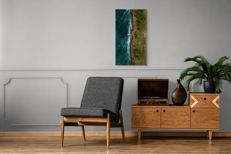 Tablou Canvas, "Întâlnirea naturii cu oceanul turcoaz", Ocean, Coastline, Waves, Greenery, Cliff, Nature, Aerial, Contrast, 50 x 90 cm – poza 8