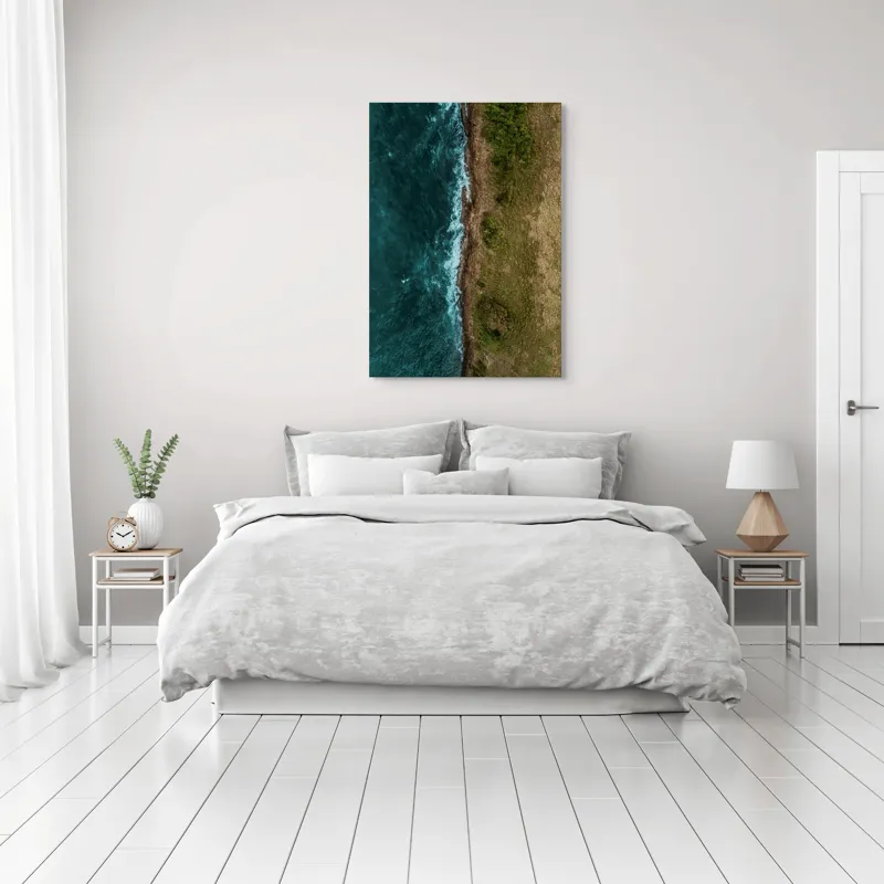 Tablou Canvas, "Întâlnirea naturii cu oceanul turcoaz", Ocean, Coastline, Waves, Greenery, Cliff, Nature, Aerial, Contrast, 70 x 100 cm – poza 3
