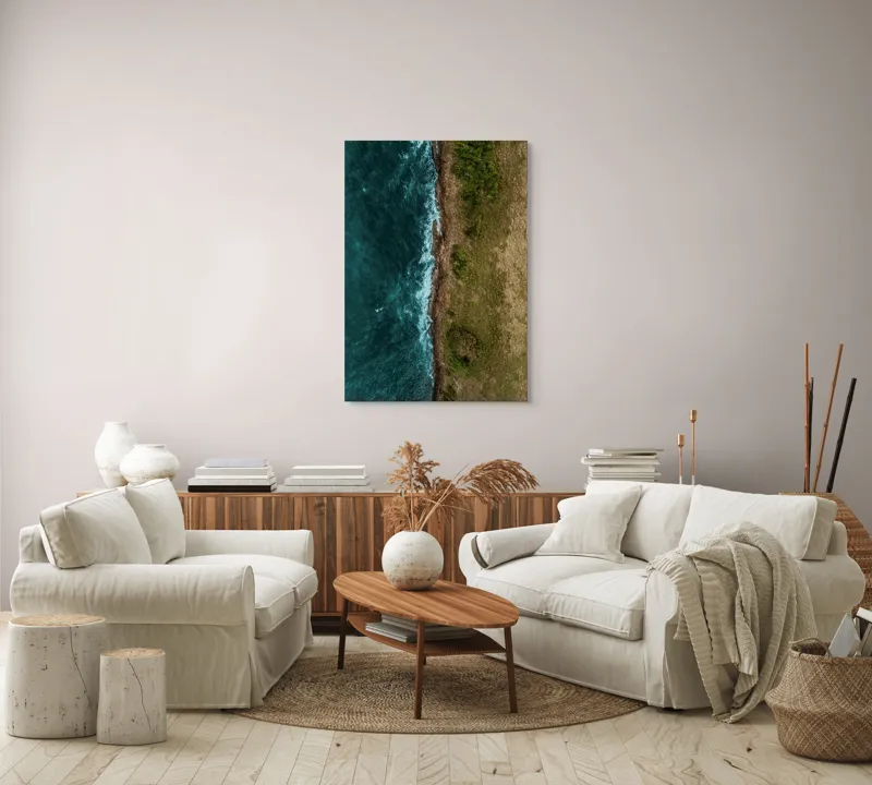 Tablou Canvas, "Întâlnirea naturii cu oceanul turcoaz", Ocean, Coastline, Waves, Greenery, Cliff, Nature, Aerial, Contrast, 70 x 100 cm – poza 4