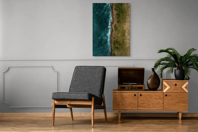 Tablou Canvas, "Întâlnirea naturii cu oceanul turcoaz", Ocean, Coastline, Waves, Greenery, Cliff, Nature, Aerial, Contrast, 70 x 100 cm – poza 6