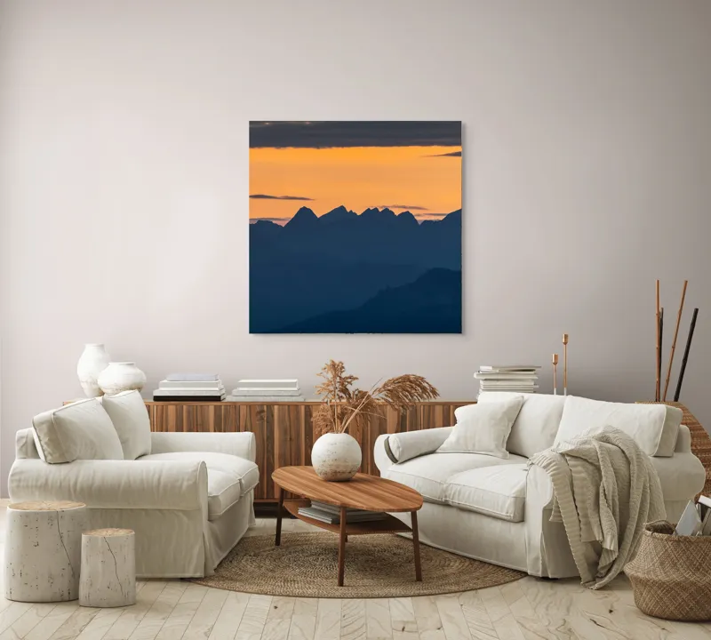 Tablou Canvas, "Munții la apus de soare", Cer, Siluetă, Munți, Apus, Norii, Peisaj, Lumină, Umbre., 100 x 100 cm – poza 3