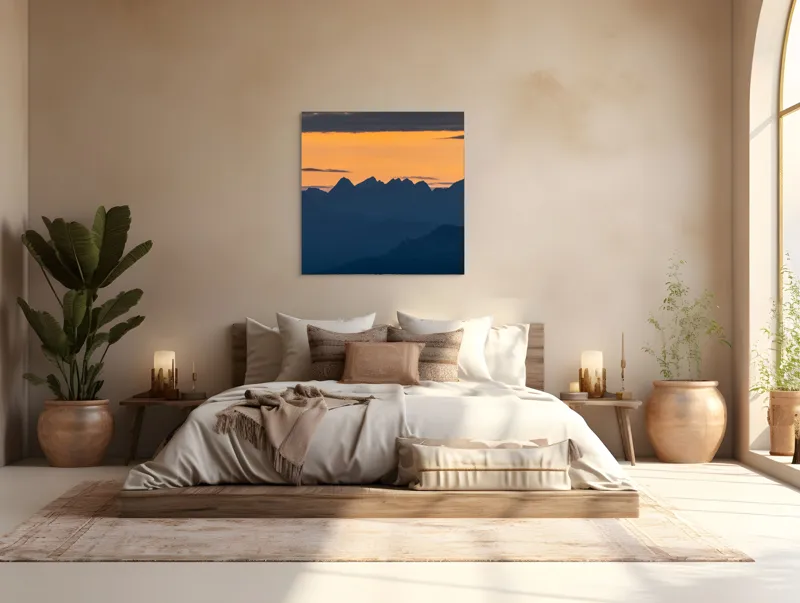 Tablou Canvas, "Munții la apus de soare", Cer, Siluetă, Munți, Apus, Norii, Peisaj, Lumină, Umbre., 100 x 100 cm – poza 4