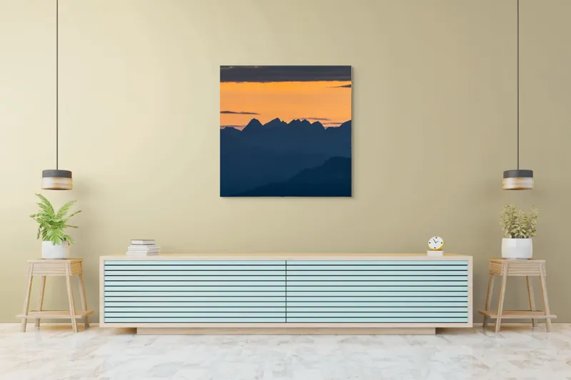 Tablou Canvas, "Munții la apus de soare", Cer, Siluetă, Munți, Apus, Norii, Peisaj, Lumină, Umbre., 100 x 100 cm – poza 5