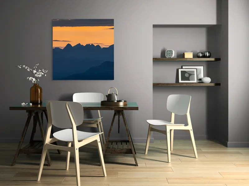 Tablou Canvas, "Munții la apus de soare", Cer, Siluetă, Munți, Apus, Norii, Peisaj, Lumină, Umbre., 100 x 100 cm – poza 6