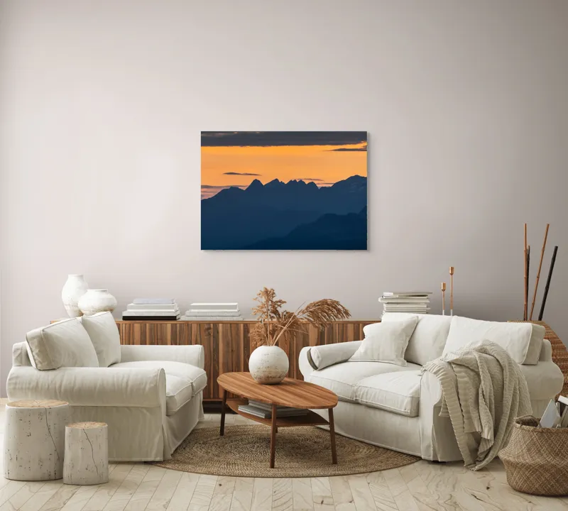 Tablou Canvas, "Munții la apus de soare", Cer, Siluetă, Munți, Apus, Norii, Peisaj, Lumină, Umbre., 100 x 70 cm – poza 3