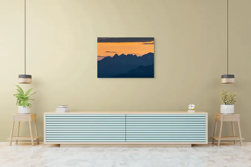 Tablou Canvas, "Munții la apus de soare", Cer, Siluetă, Munți, Apus, Norii, Peisaj, Lumină, Umbre., 100 x 70 cm – poza 4