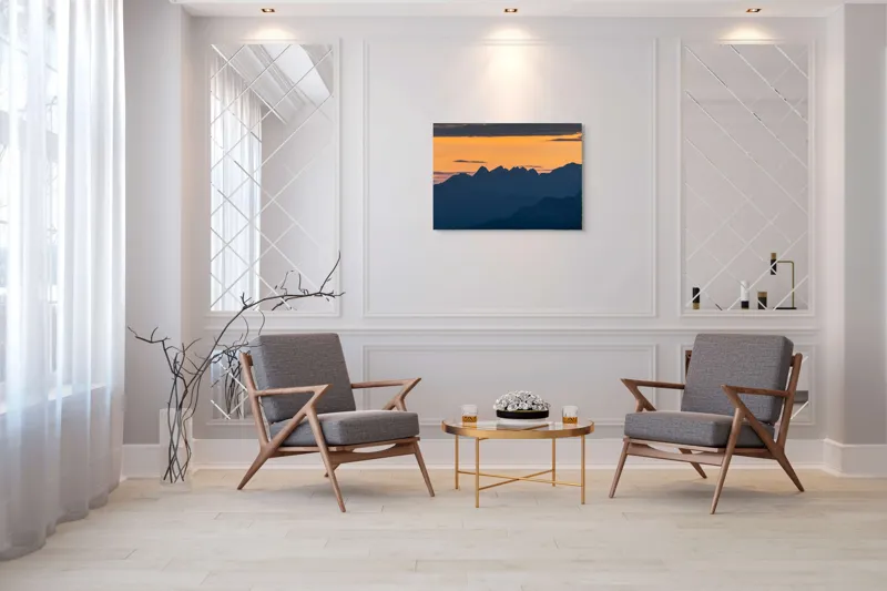 Tablou Canvas, "Munții la apus de soare", Cer, Siluetă, Munți, Apus, Norii, Peisaj, Lumină, Umbre., 100 x 70 cm – poza 5