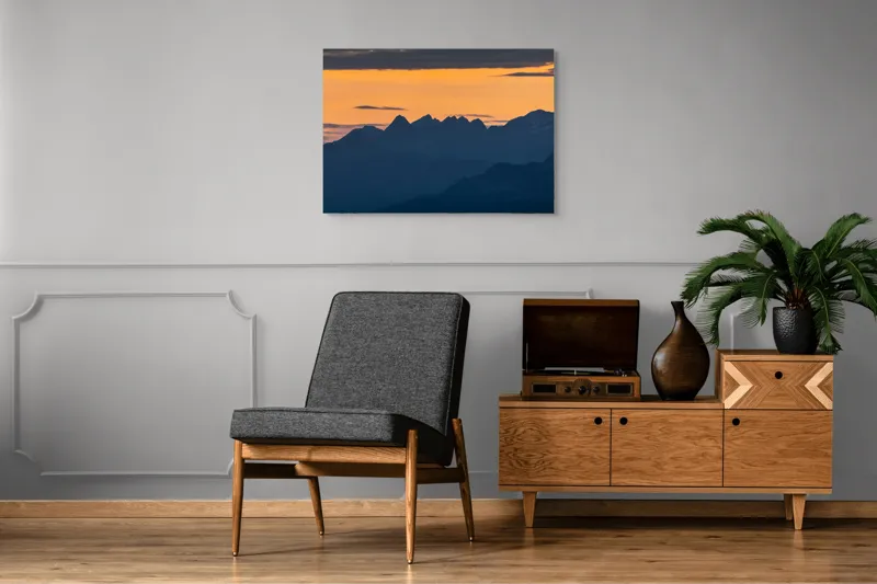 Tablou Canvas, "Munții la apus de soare", Cer, Siluetă, Munți, Apus, Norii, Peisaj, Lumină, Umbre., 100 x 70 cm – poza 8