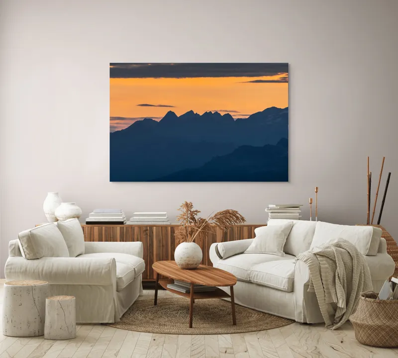 Tablou Canvas, "Munții la apus de soare", Cer, Siluetă, Munți, Apus, Norii, Peisaj, Lumină, Umbre., 150 x 100 cm – poza 3