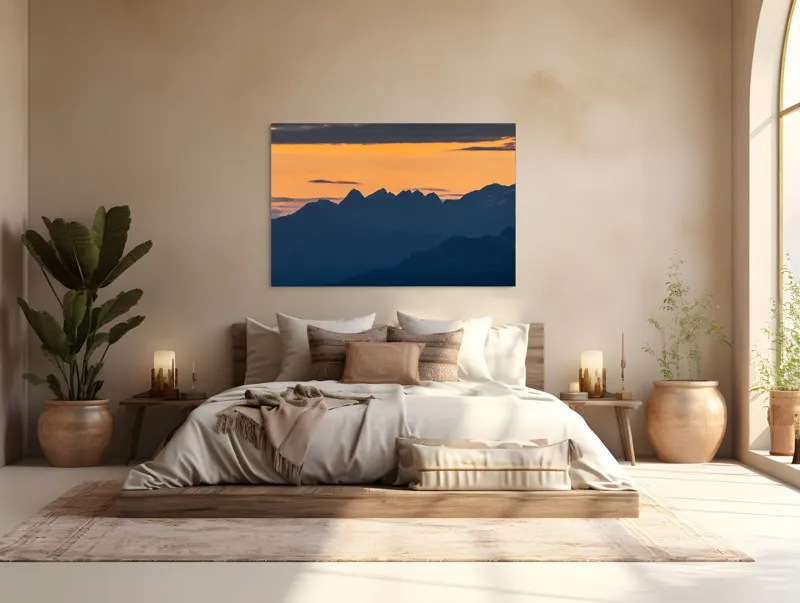 Tablou Canvas, "Munții la apus de soare", Cer, Siluetă, Munți, Apus, Norii, Peisaj, Lumină, Umbre., 150 x 100 cm – poza 4